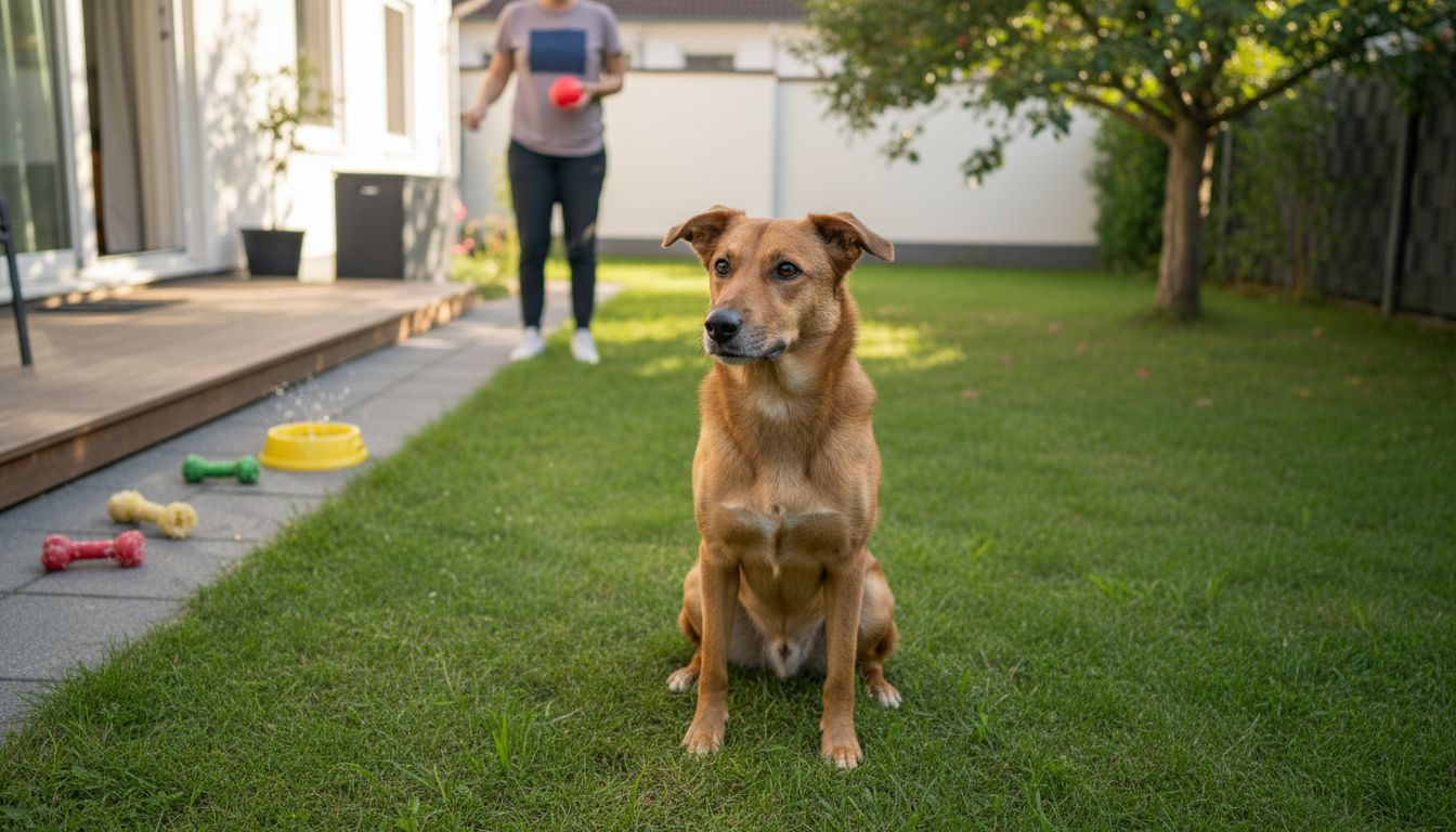 Ein fröhlicher Hund tollt im warmen Sonnenschein durch den Garten.