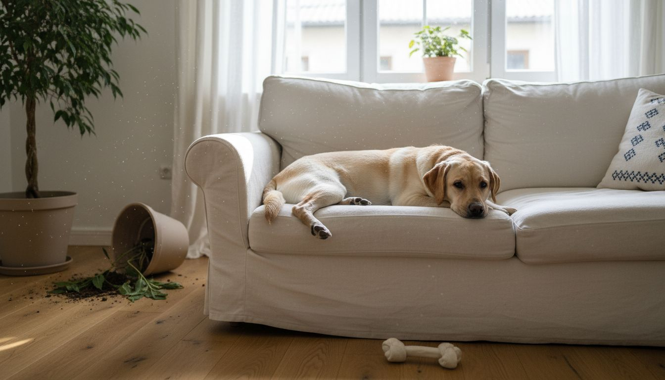 Ein Hund liegt gemütlich mit seinem Spielzeug auf dem Sofa im Wohnzimmer und genießt die entspannte Atmosphäre.