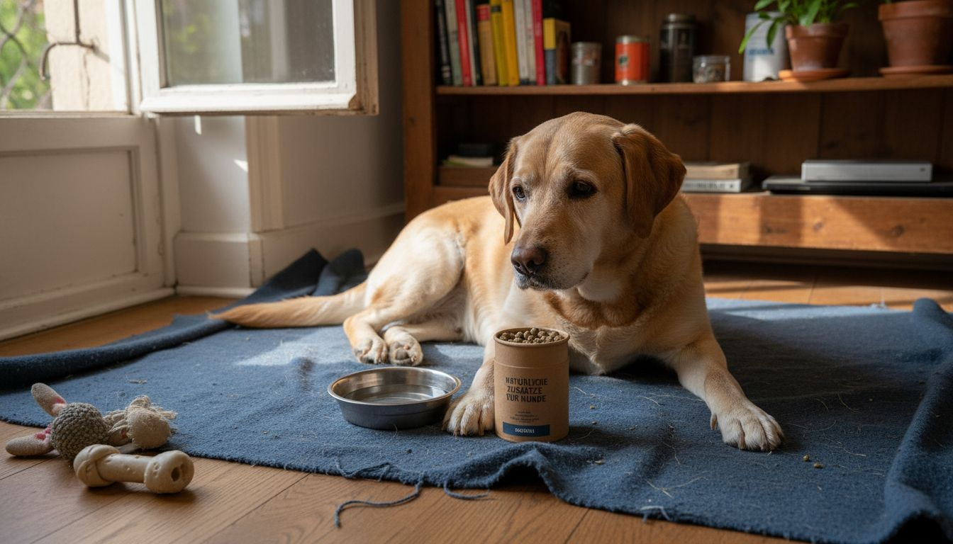 Ein neugieriger Labrador schnuppert interessiert an einer Dose mit Nahrungsergänzungsmitteln für Hunde.