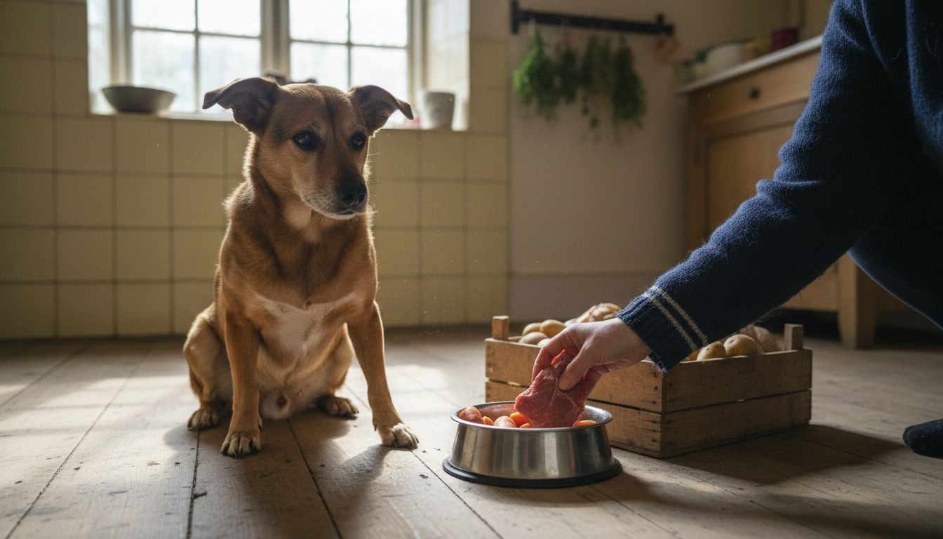 Ein Hund sitzt erwartungsvoll vor seinem Futternapf, der mit frischen Zutaten direkt aus der Küche gefüllt ist.