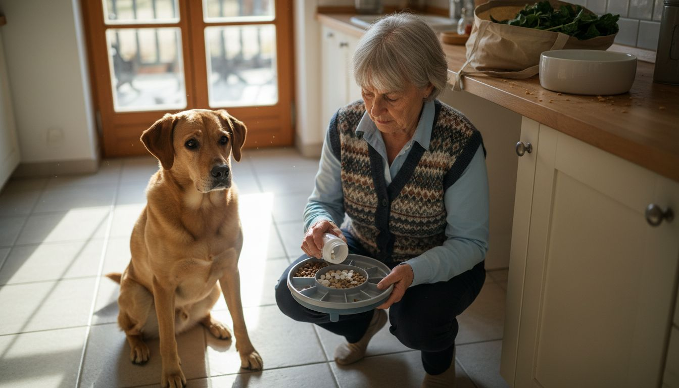 Der Hund sitzt schon ungeduldig in der Küche und wartet auf sein Futterzusatz.