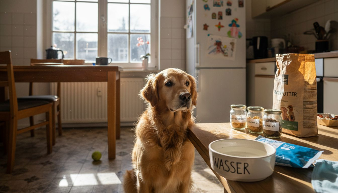 Ein fröhlicher Golden Retriever sitzt in einer sonnendurchfluteten Küche neben seinen Nahrungsergänzungsmitteln.