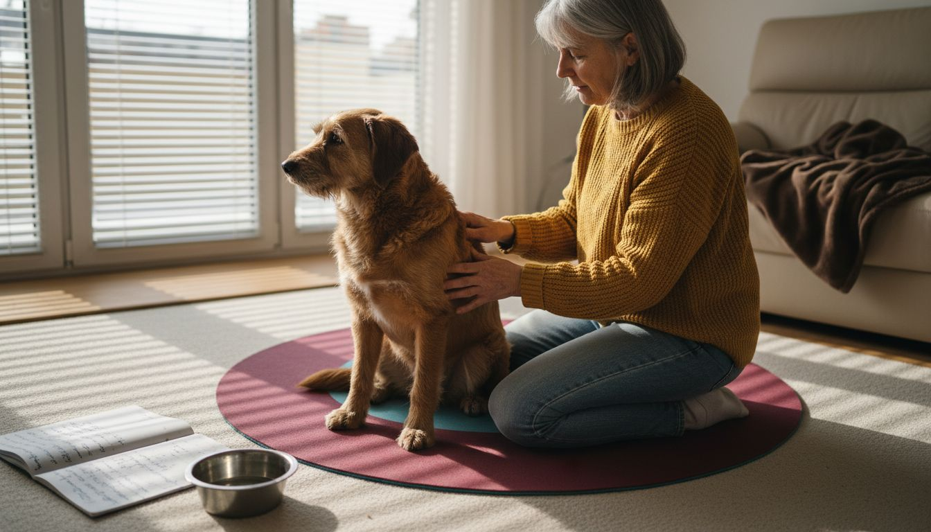 Eine Gesundheitscheck für den Hund gemeinsam mit seiner Besitzerin im heimischen Wohnzimmer.