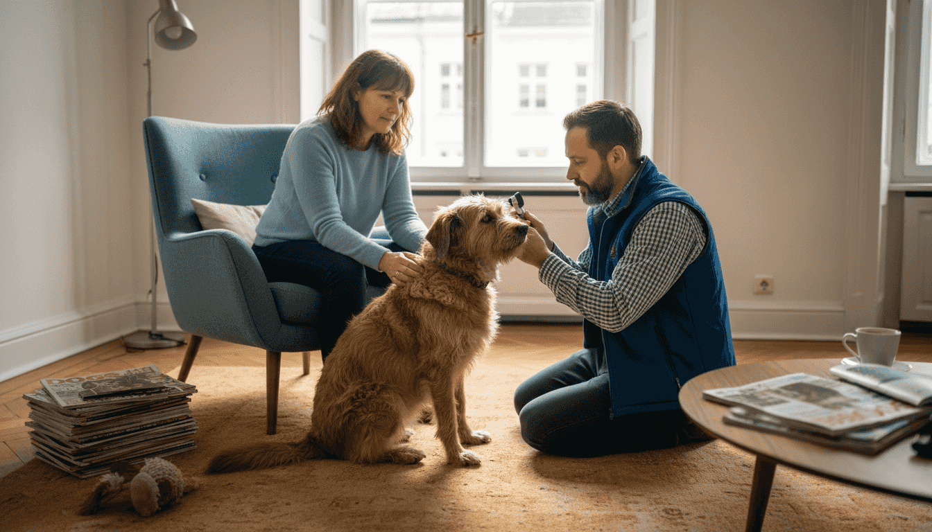 Der Tierarzt macht einen Hausbesuch und schaut sich den Hund direkt im Wohnzimmer an.