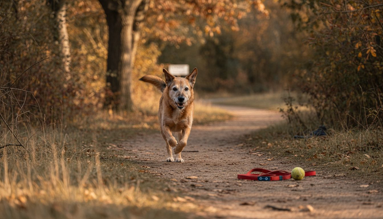 Ein älterer Hund tollt voller Lebensfreude durch den Park.