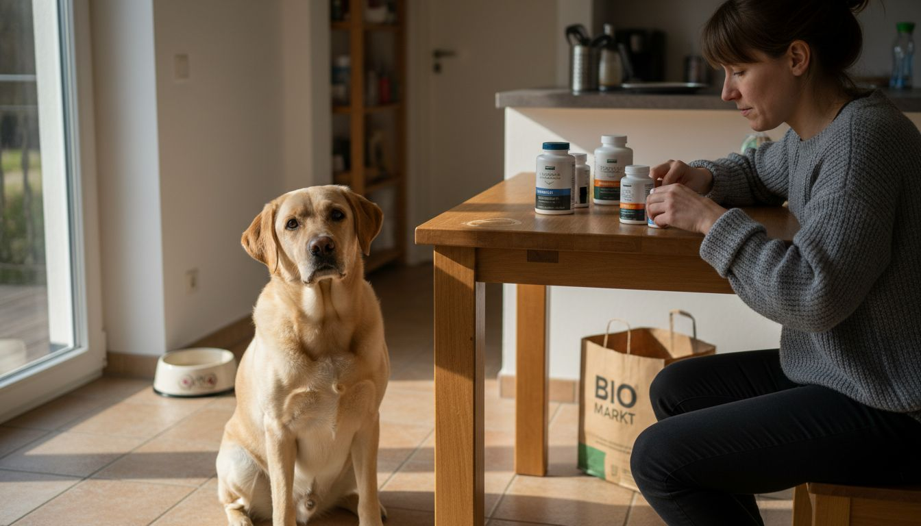 Hundebesitzer vergleicht verschiedene Vitaminpräparate für seinen Vierbeiner