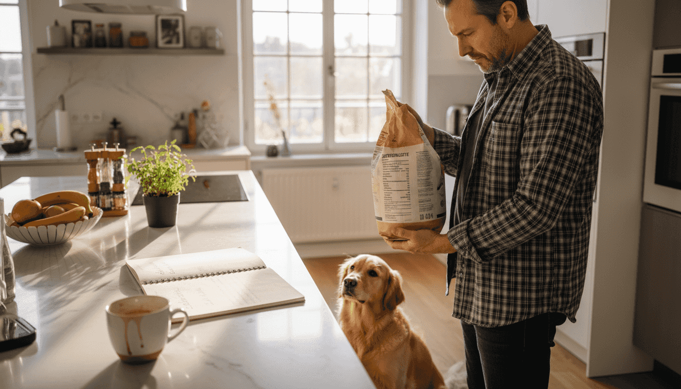 Ein Mann steht in der Küche und liest aufmerksam die Inhaltsstoffe des Hundefutters.