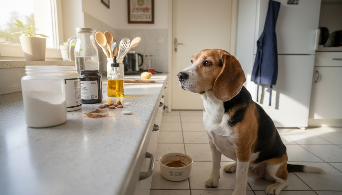 Ein Hund sitzt geduldig in der Küche und wartet darauf, dass ihm seine verschiedenen Nahrungsergänzungsmittel gegeben werden.