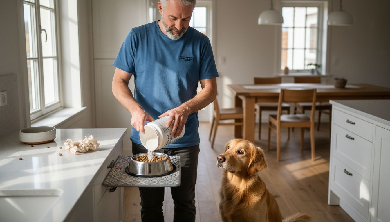 Ein Hundebesitzer bereitet liebevoll ein Zusatzfutter für seinen glücklichen Vierbeiner vor.