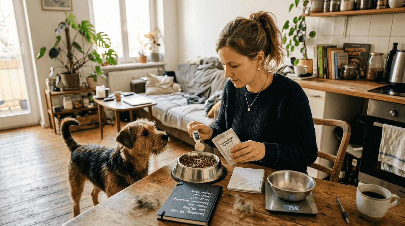 Eine Frau stellt eine natürliche Ergänzung zum Hundefutter her.