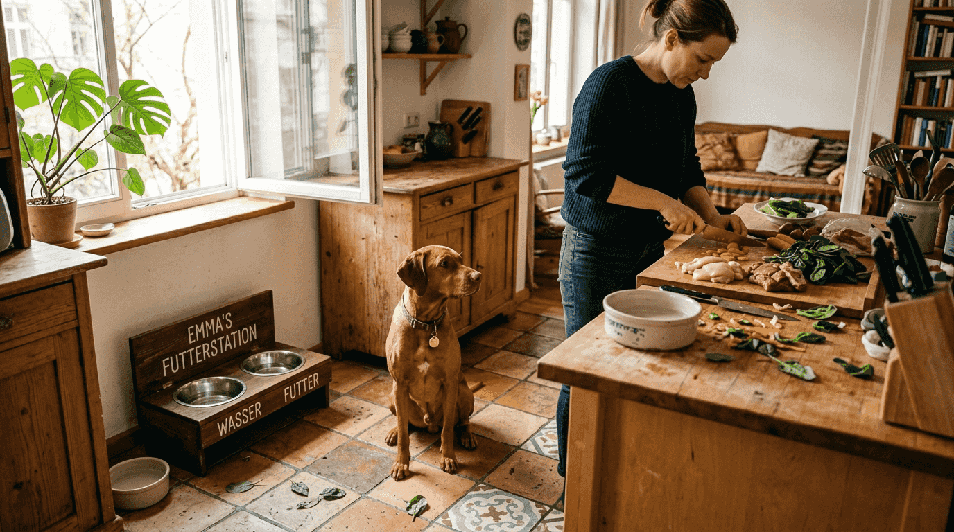 Herrchen und Hund beim gemeinsamen Zubereiten der BARF-Mahlzeit in der heimischen Küche