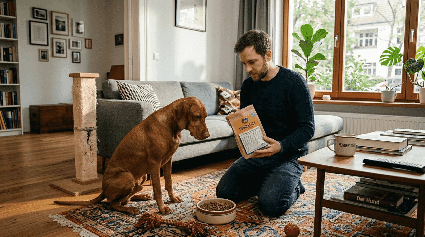 Ein Hund mit Futtermittelunverträglichkeit macht es sich im behaglichen Wohnzimmer gemütlich.