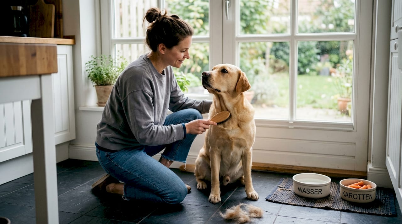Eine Frau pflegt ihren Labrador und bürstet ihn regelmäßig – das gehört einfach zur täglichen Hundeversorgung dazu.