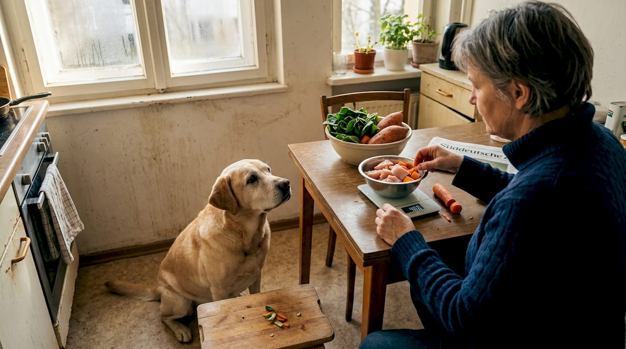 Während das Futter frisch zubereitet wird, wartet der Hund geduldig darauf, dass es endlich losgeht.