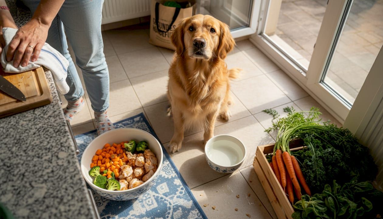 Ein Hund genießt frisches, natürliches Futter direkt in der heimischen Küche.