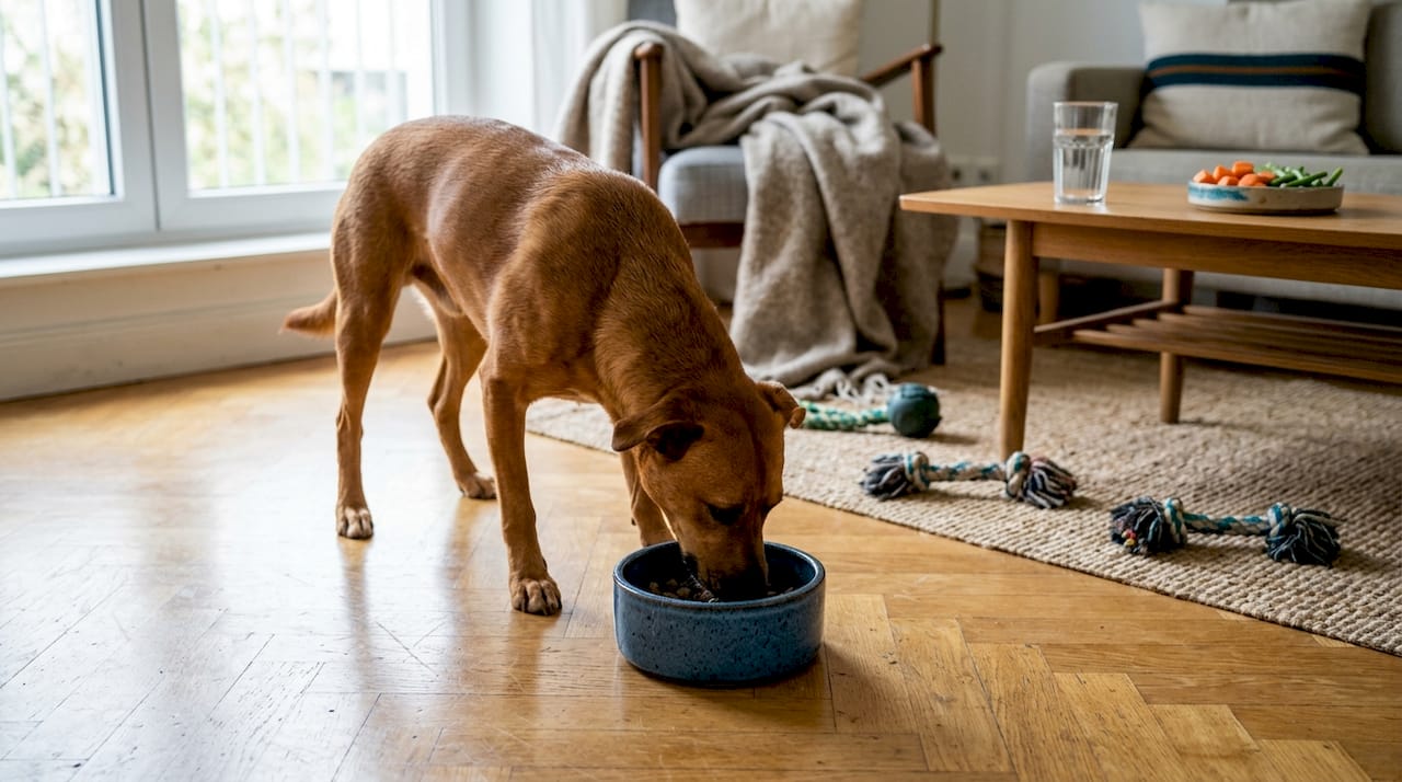 Im Wohnzimmer genießt der Hund sein naturbelassenes Futter.