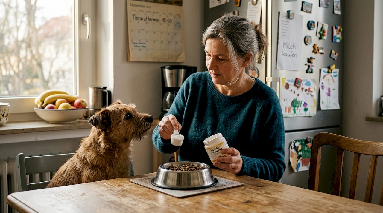 Der Hund sitzt gespannt in der Küche und wartet auf sein Vitamin-Leckerli.