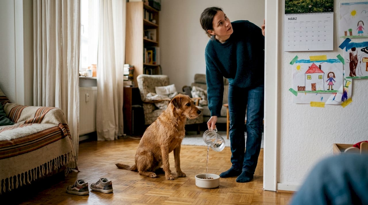 Im Wohnzimmer sitzt der Hund und wartet sehnsüchtig darauf, dass endlich sein Futter kommt.