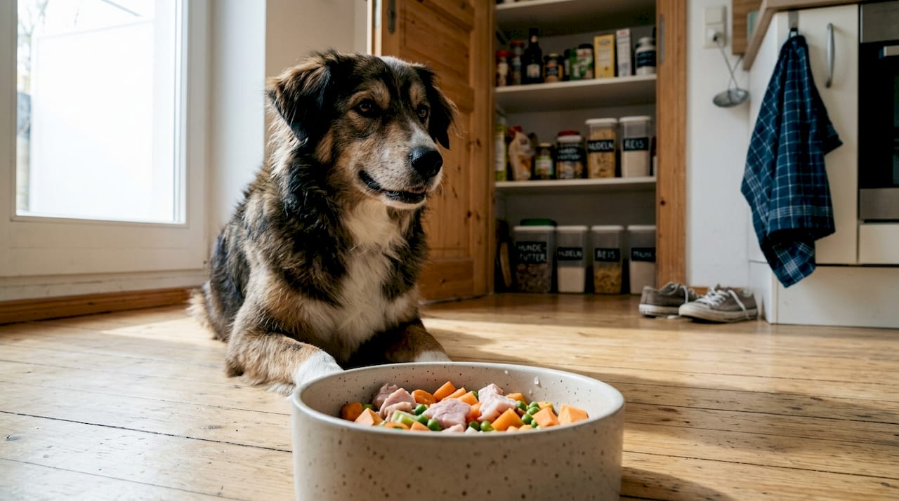 Ein Hund genießt sein Futter, das mit frischem Gemüse im Napf serviert wird.