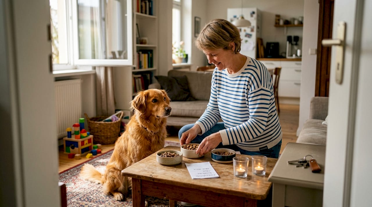 Im Wohnzimmer sitzt ein Hund und begutachtet neugierig verschiedene Futtersorten.