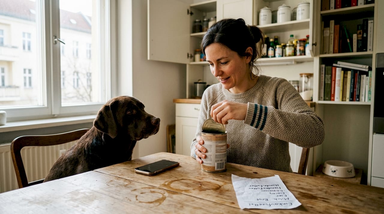 Eine Hundebesitzerin schaut sich das Qualitätssiegel auf der Hundefutterdose genau an.