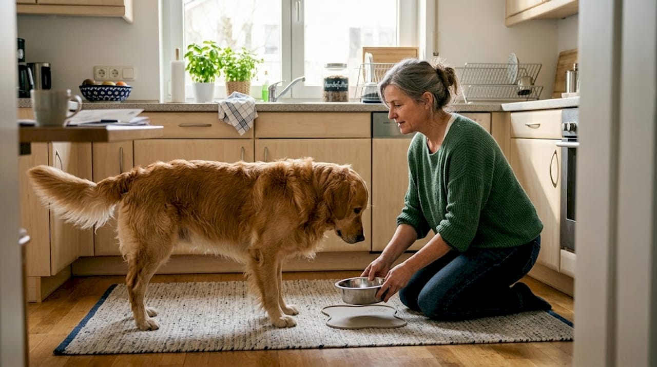 In der sonnendurchfluteten Küche gibt eine Frau ihrem Hund liebevoll sein Futter.
