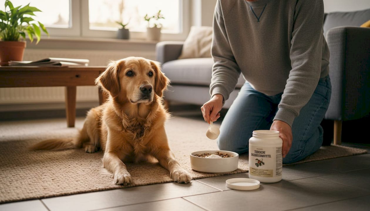Dem Hund wird sein Pulver ganz einfach unter das Futter gemischt, das er im Wohnzimmer bekommt.