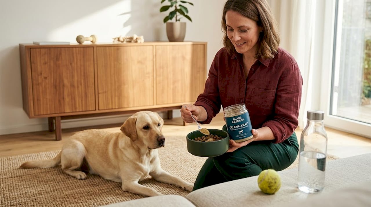 Während Frauchen das Futter vorbereitet, beobachtet der Hund gespannt jede ihrer Bewegungen.