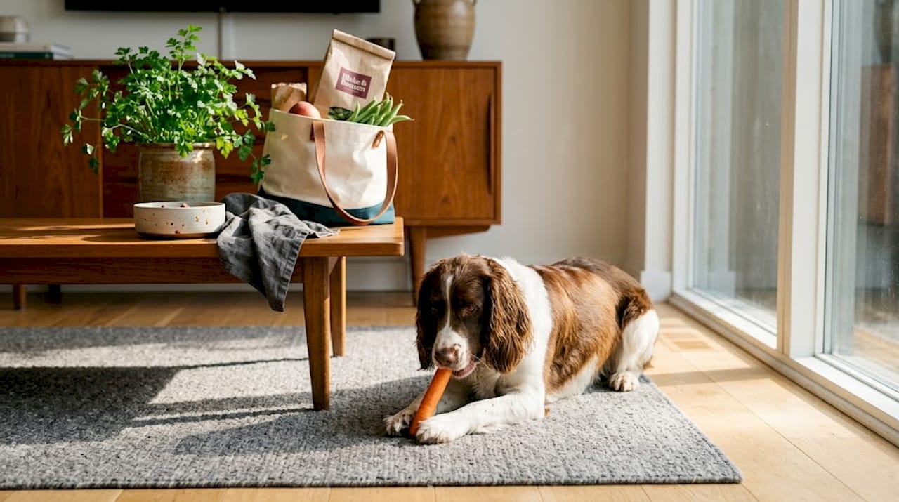 Im sonnendurchfluteten Wohnzimmer knabbert der Hund genüsslich an einer Karotte.