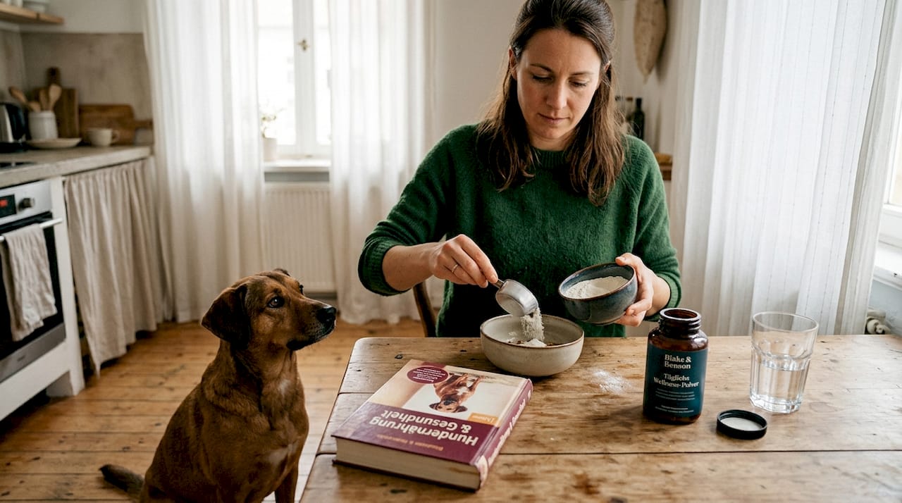 Ein Hundebesitzer portioniert am Küchentisch Nahrungsergänzungsmittel für seinen Vierbeiner ab.