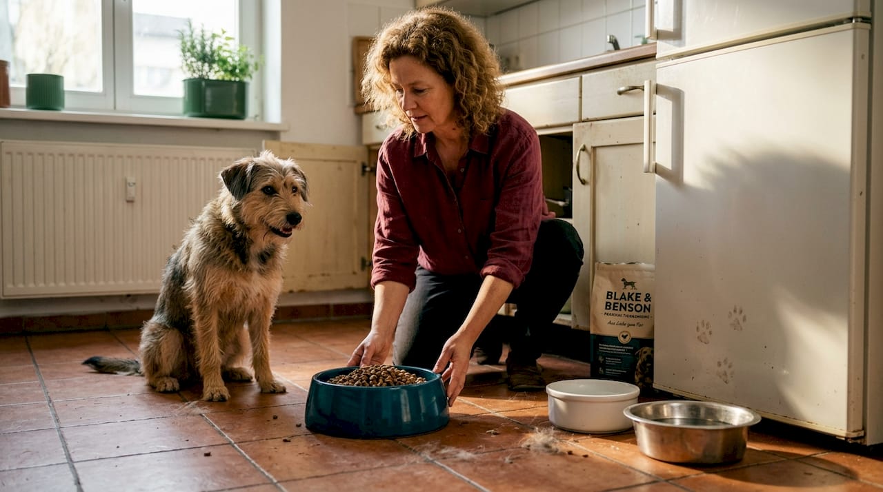 Während sein Herrchen in der Küche das Futter zubereitet, sitzt der Hund geduldig und wartet.