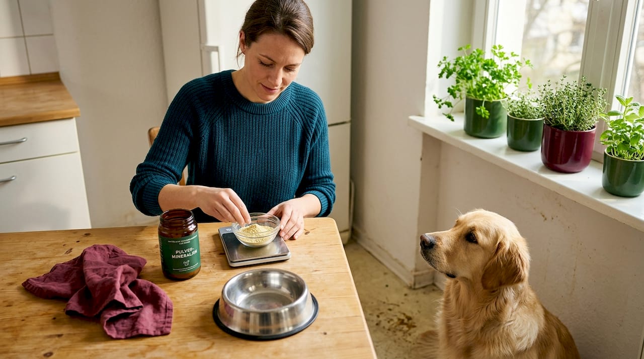 Eine Frau bereitet zu Hause individuelle BARF-Zusätze für ihren Hund vor.