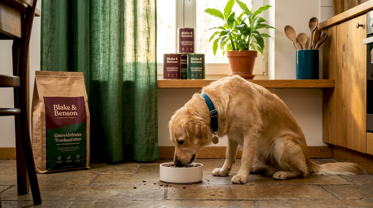 Unser Familienhund genießt in der Küche sein getreidefreies Trockenfutter.