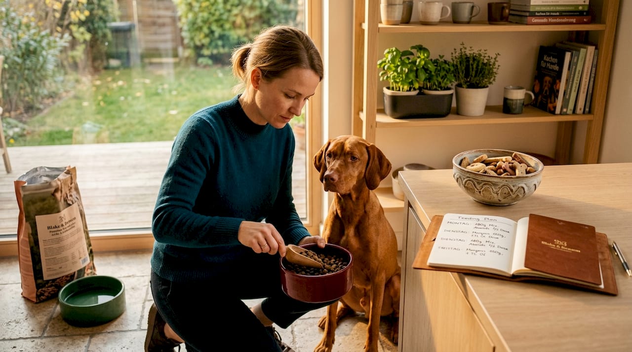 Im behaglichen Wohnzimmer gibt eine Frau ihrem Hund liebevoll sein Futter.