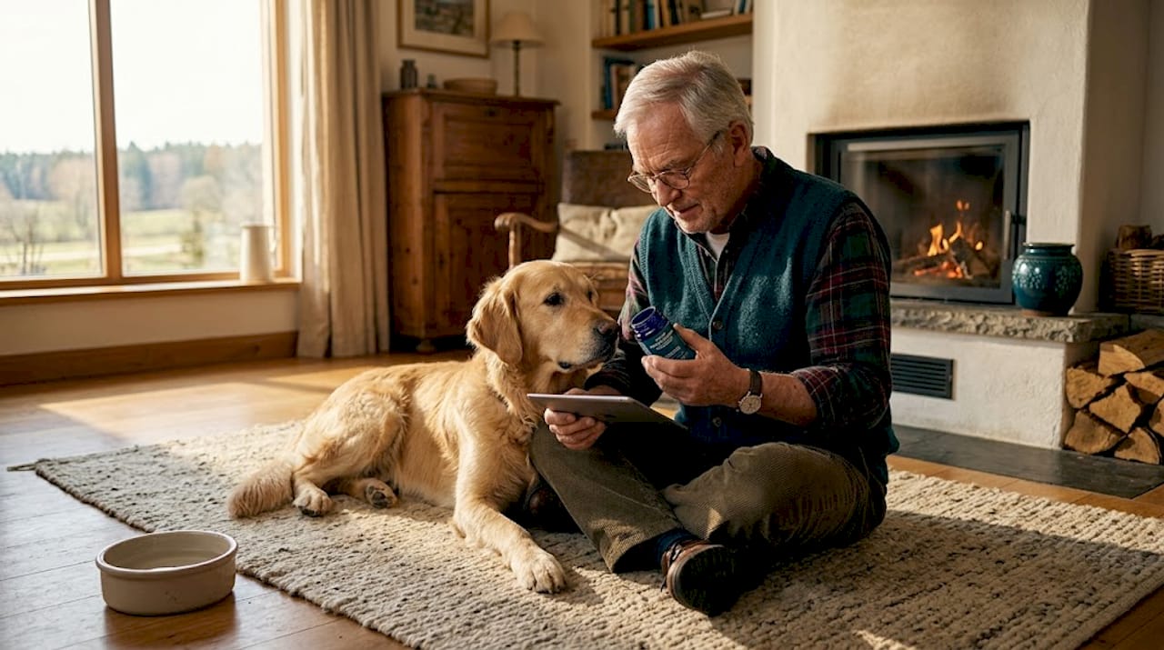 Im Wohnzimmer bekommt der Hund seine Gelenkpflege.