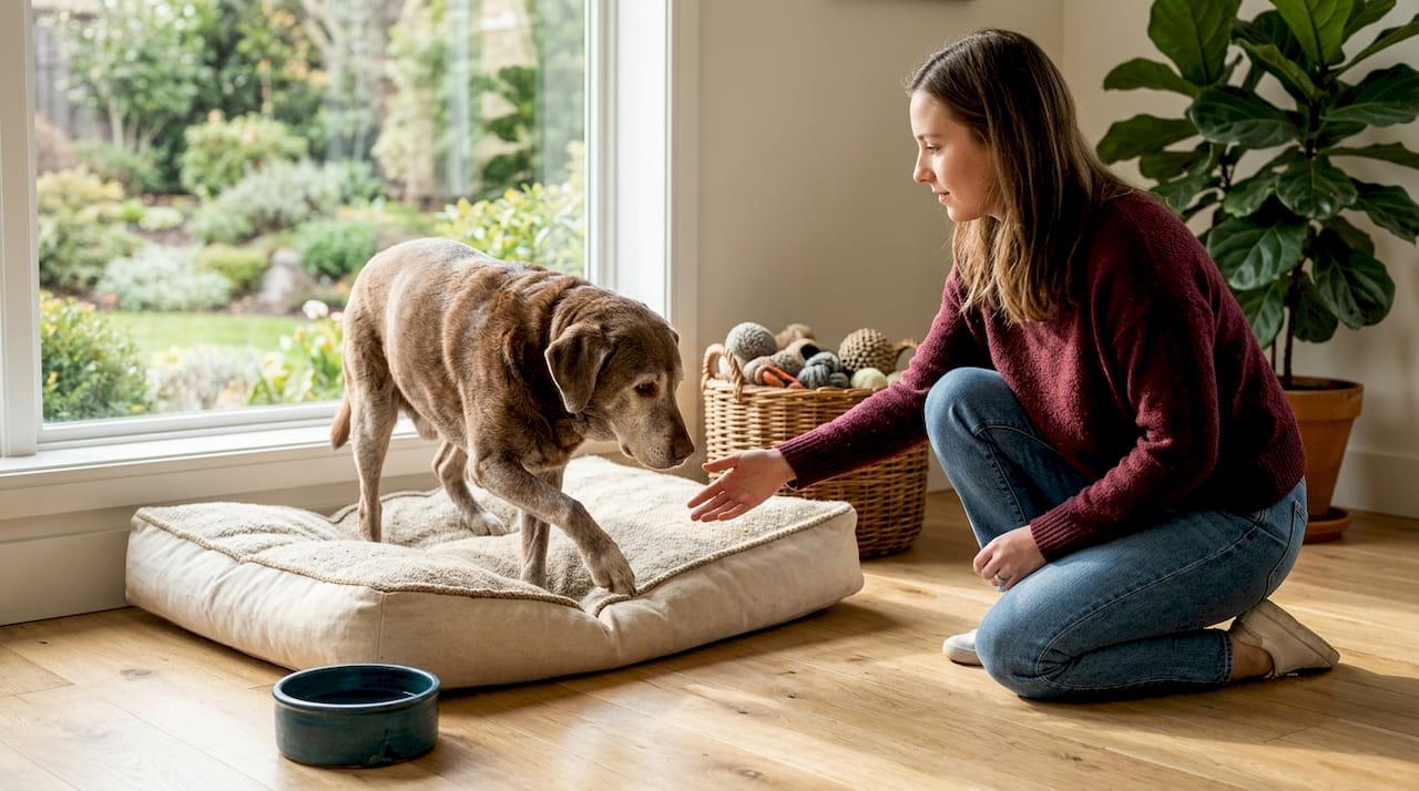 Ein älterer Hund tastet sich vorsichtig über das weiche Sofa im Wohnzimmer.