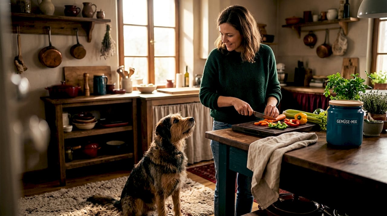 Während die Frau Gemüse schnippelt, beobachtet ihr Hund sie neugierig.