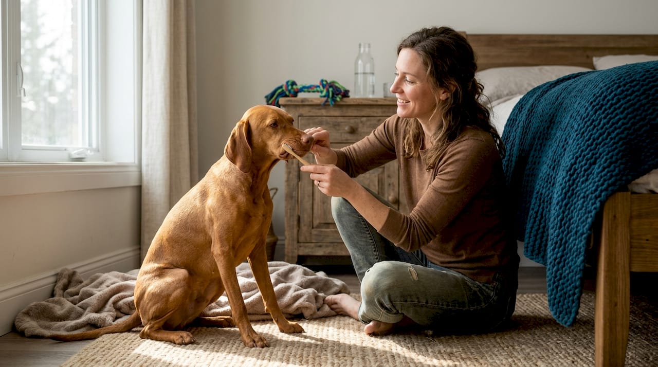 Im Wohnzimmer bekommt der Hund ganz behutsam die Zähne geputzt.