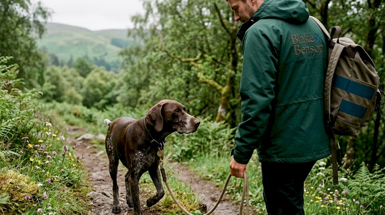 Bei strahlendem Tageslicht spaziert ein Hund gemeinsam mit seinem Besitzer durch den Park.