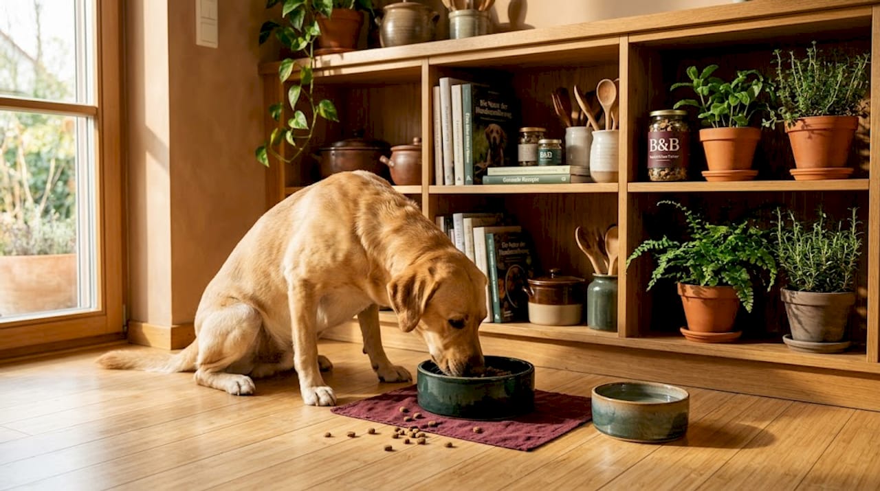 Ein Labrador genießt sein Futter in der sonnendurchfluteten Küche.