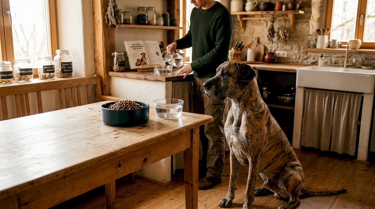 Ein großer Hund sitzt geduldig in der Küche und wartet darauf, dass endlich Futter in seinen Napf kommt.