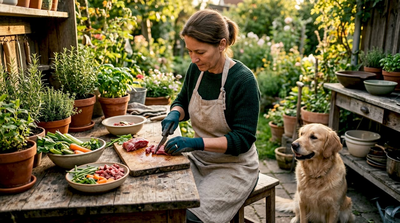 Eine Frau bereitet frisches Fleisch für ihren Hund zu.