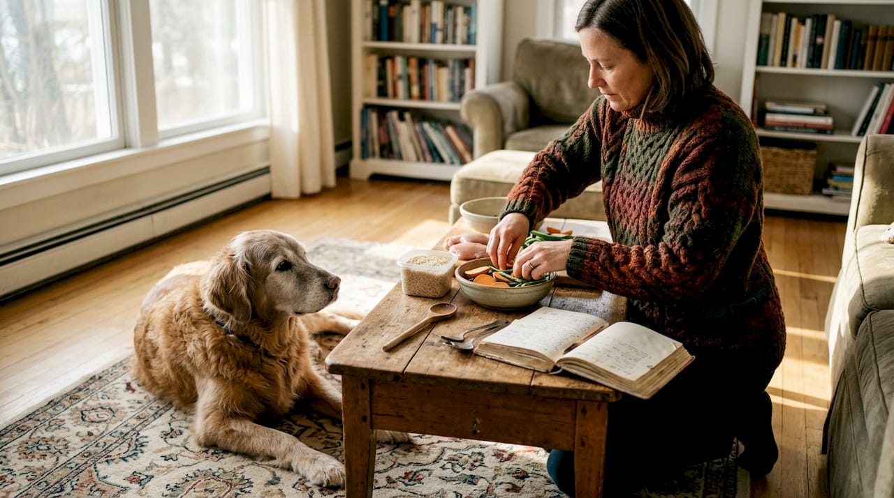 Ein älterer Hund und sein Besitzer bereiten gemeinsam eine calciumreiche Mahlzeit zu.