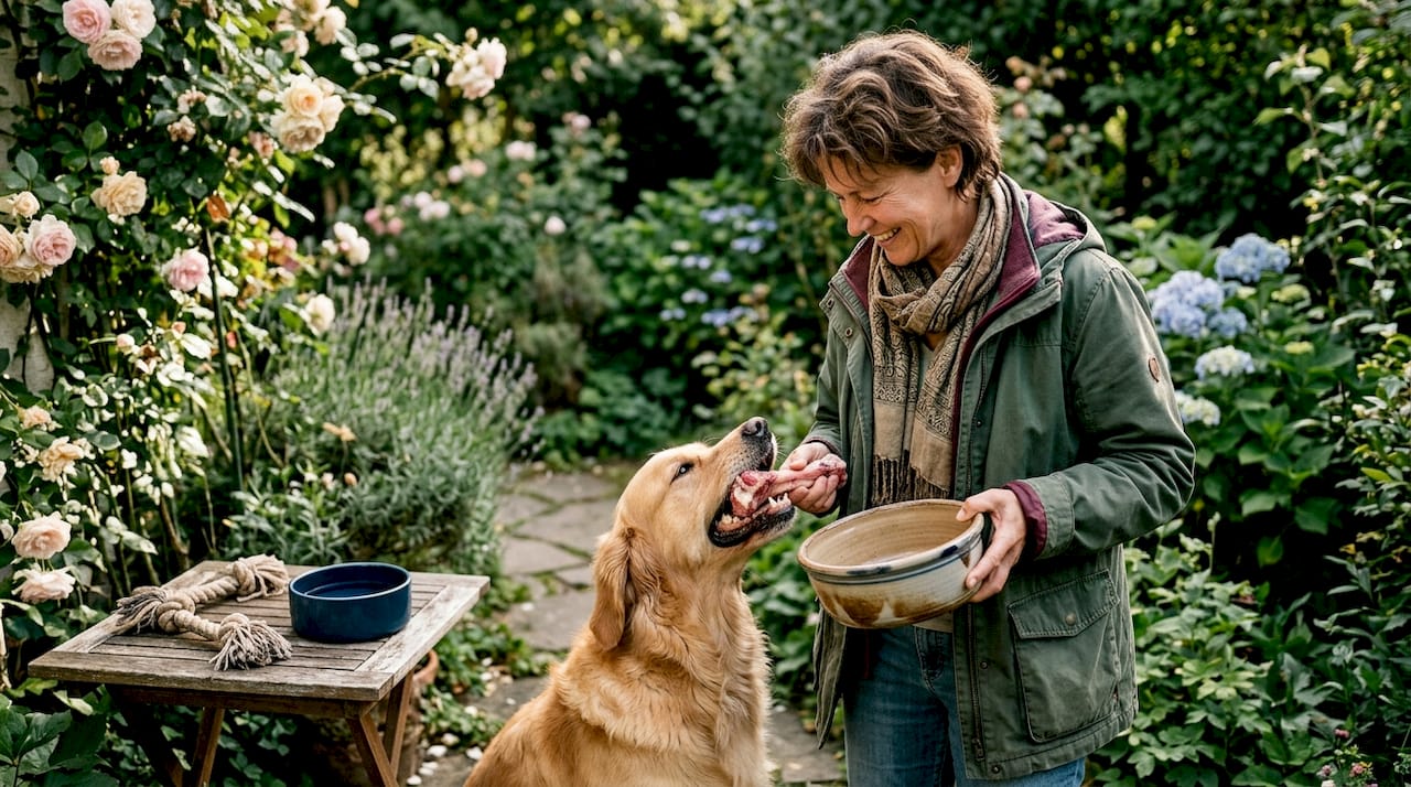 Im Garten gibt eine Frau ihrem Hund gesunde Knochen zum Knabbern.