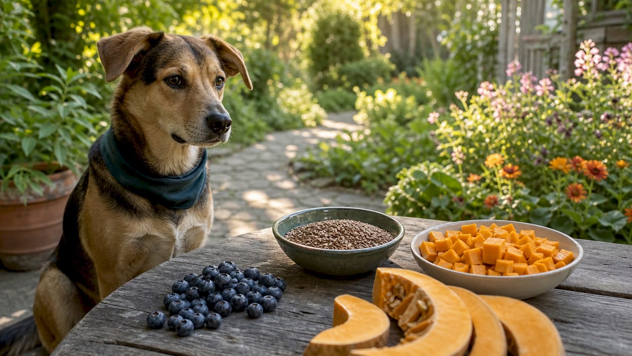Ein Hund sitzt am Küchentisch, umgeben von verschiedenen Superfoods.