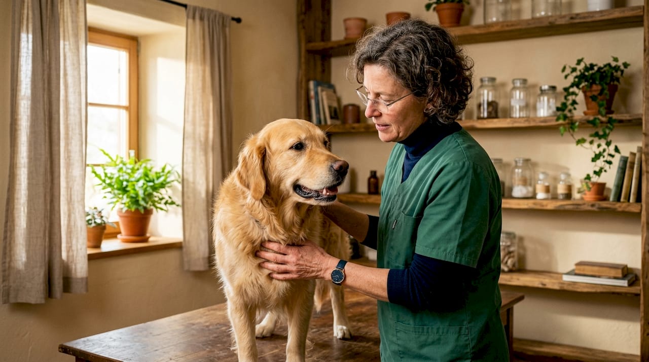 Eine Tierärztin prüft, ob bei einem Hund ein Zinkmangel vorliegt.