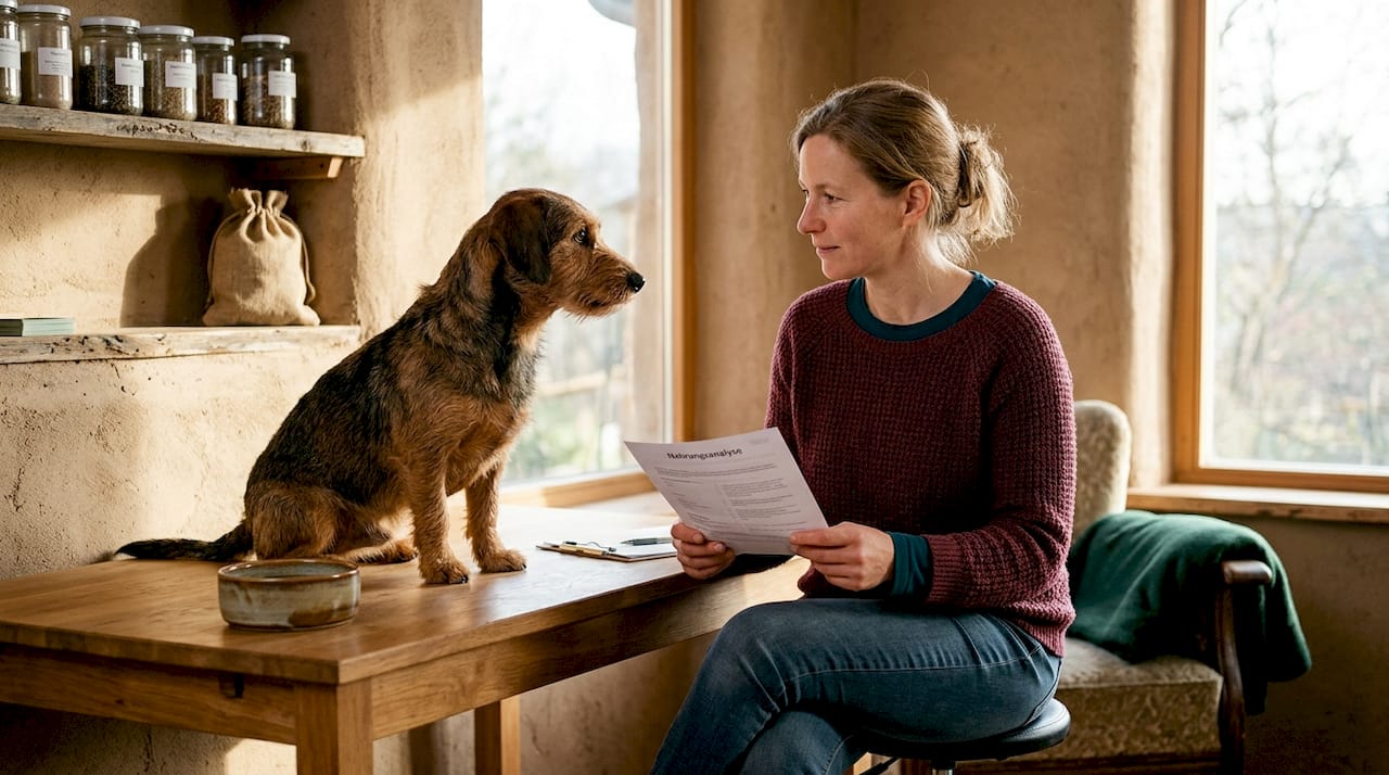 Eine Tierärztin begutachtet die Fütterung von Hunden direkt am Tisch.