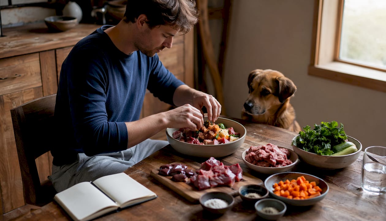 Ein Hundehalter mischt frisches Fleisch und Mineralstoffe, um sein Haustier artgerecht zu füttern.