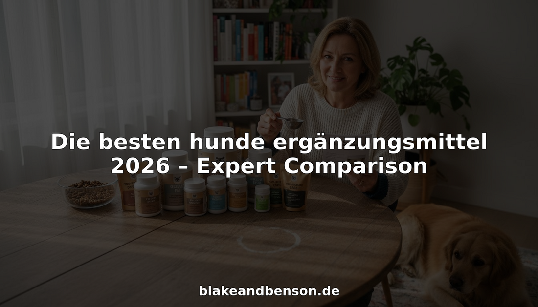 Ein Hundebesitzer sitzt am Tisch und vergleicht verschiedene Nahrungsergänzungsmittel für seinen Vierbeiner.