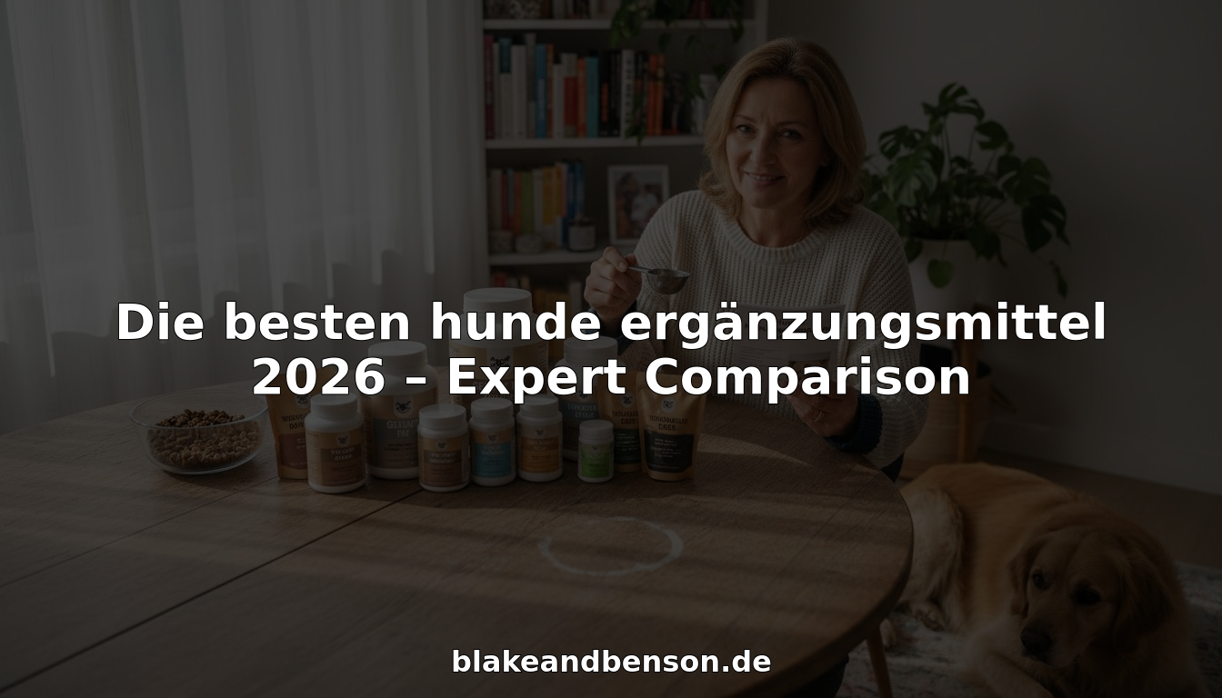 Ein Hundebesitzer sitzt am Tisch und vergleicht verschiedene Nahrungsergänzungsmittel für seinen Vierbeiner.
